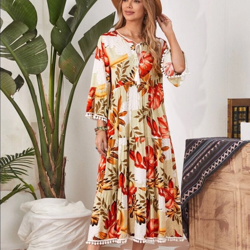 BoHo Flower Maxi Dress with Tassels